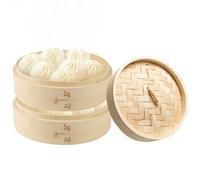 Pizsieat 2 étages Panier Vapeur Bambou, Cuiseur Vapeur En Bambou avec Couver uisson Vapeur Asiatique, pour Boulettes, Riz, Dim Sum, Légumes, Viande (20 x 20 x 18.5 cm)