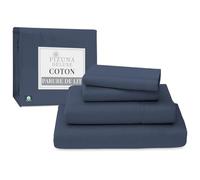 Pizuna 100% Coton Parure de Lit 180x200 cm Bleu Fonce, Tissu de Satin de Coton à 600 Fils au Pouce carré Comprend 1 Drap Housse, 1 Drap Plat, 2 Taie d'oreiller (Coton Draps 2 Personnes)