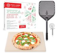 Pizza Lover Kit de pierres à pizza de qualité supérieure pour four et barbecue - 4 en 1 - Avec pelle à pizza perforée (anodisée dure) + pierre à pizza jusqu'à 800 °C en cordiérite + roulette à pizza