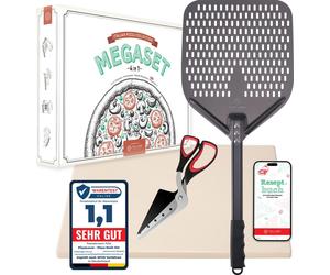 Pizza Lover Premium Set de pierres à pizza pour four & grill - 4in1 - incl. pelle à pizza perforée + pierre à pizza jusqu'à 800°C en cordiérite + ciseaux à pizza & livre de recettes
