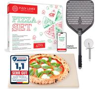 PizzaLover Premium Pierre à pizza - Set - Pelle à pizza perforée anodisée dure, pierre à pizza XL, rouleau à pizza - pour four & barbecue à gaz