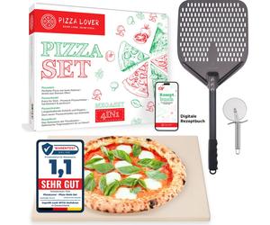 PizzaLover Premium Pierre à pizza - Set - Pelle à pizza perforée anodisée dure, pierre à pizza XL, rouleau à pizza - pour four & barbecue à gaz
