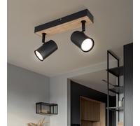 Plafonnier, 2 flammes, plafonnier orientable, aspect bois noir avec spots orientables, métal noir, 2x douilles GU10, LxlxH 26x6x13,5 cm