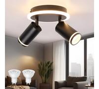 Plafonnier 2 Spot Orentable, Spot de Plafond Noir Moderne, Luminaire Plafonnier avec Éclairage Inférieur 6W+2 x 5W GU10 spot led, Blanc Chaud 3000K, Spot LED Plafond Rond pour Cuisine Salon Chambre