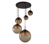 Plafonnier avec abat-jour en verre ambre, suspension rétro à 5 flammes, 5x E27, hauteur 150 cm, sphères de différentes tailles
