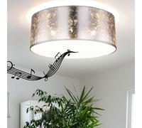 Plafonnier avec haut-parleur Bluetooth 40 cm lampe de chambre plafonnier argenté salon, télécommande dimmable, 3x LED RVB 8,5W 806Lm blanc chaud, H 17,5 cm
