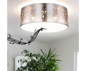 Plafonnier avec haut-parleur Bluetooth 40 cm lampe de chambre plafonnier argenté salon, télécommande dimmable, 3x LED RVB 8,5W 806Lm blanc chaud, H 17,5 cm