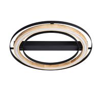 Plafonnier Bambou LED dimmable Plafonnier Salon, 3 niveaux de gradation aspect bois, métal noir naturel, 25W 3000lm blanc chaud, DxH 56x6cm