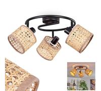 Plafonnier Bongal, plafonnier moderne en métal/rotin/osier viennois noir/naturel/beige, 3 ampoules, avec spots réglables, luminaire rond au design bohème, 3 x E14, sans ampoules