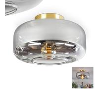 Plafonnier Boza, plafonnier rond en métal/verre de couleur laiton/chrome/clair/fumée, luminaire au design rétro/vintage moderne avec abat-jour en verre (Ø 28 cm), 1 x E27, sans ampoule