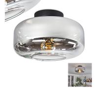 Plafonnier Boza, plafonnier rond en métal/verre noir/chrome/fumé/clair, luminaire au design rétro/vintage moderne avec abat-jour en verre (Ø 28 cm), 1 x E27, sans ampoule