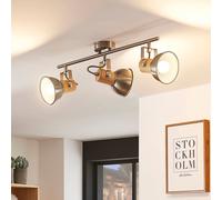 Plafonnier Dennis avec bois, à 3 lampes, long Lindby, dimmable, gris, Cuisine, Métal, Moderne, Spot
