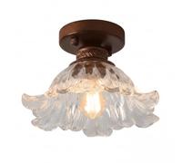 Plafonnier Encastré En Verre de Style Français Des Années 50, Lampe Rétro À Motif Floral En Forme de Pétales Avec Base En Bois Massif, Luminaire Vintage À Fixer Au Plafond, Idéal Pour Un Couloir, Un B