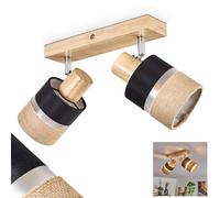 Plafonnier Fallhagen, plafonnier moderne en bois/métal/lin de couleur naturelle/chrome/noir, luminaire à 2 ampoules au design scandinave avec spots réglables, 2 x E14, sans ampoules