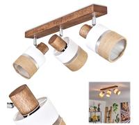 Plafonnier Fallhagen, plafonnier moderne en bois/métal/lin marron foncé/chrome/blanc, luminaire à 3 ampoules au design scandinave avec spots réglables, 3 x E14, sans ampoules