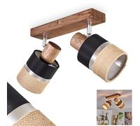 Plafonnier Fallhagen, plafonnier moderne en bois/métal/lin marron foncé/chrome/naturel/noir, luminaire à 2 ampoules au design scandinave avec spots réglables, 2x E14, sans ampoules