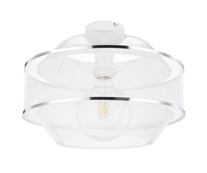 Plafonnier grillagé lampe design salle à manger plafonnier 1 ampoule avec deux anneaux chromés aspect grille, cage en métal blanc, 1x douille E27, DxH 27,5x12x21,5 cm