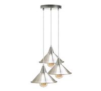 Plafonnier industriel vintage chromé à 3 têtes, abat-jour suspendu en métal de style loft pour îlot de cuisine, salon, salle à manger E27 (Nickel satiné)