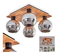 Plafonnier Koyoto, lampe de plafond en métal/bois/verre en noir/naturel/chrome, luminaire au design rétro/vintage avec abat-jour en verre (Ø 15 cm), 4 x E27, sans ampoules