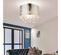 Plafonnier Lampe Design Pendeloques en Cristal 1x E27 Feuille D'Argent Tissu
