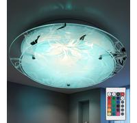 Plafonnier en verre rond dimmable avec télécommande plafonnier LED E27 lampe de cuisine salon lumière chrome, changement de couleur RVB, décor floral blanc, 3W 320lm blanc chaud, D 25 cm