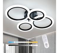 Plafonnier LED 32W 3600LM Luminaire Plafonnier avec Telecommande APP 3000K-6500K, Luminosité Réglable Fonction Mémoire, Moderne Lampe de plafond à 4 Anneaux pour Salon Bureau Cuisine, Noir 57 cm