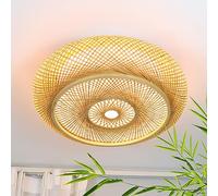 Plafonnier LED en bambou avec télécommande à intensité variable tissé à la main naturel 50 W rotin rétro rond pour chambre à coucher, salon, couloir, 50 cm