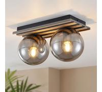 Plafonnier LED Lampe de salon verre fumé Boule de verre 2 flammes, métal verre MDF, 2x 6,5W 806LM blanc chaud, LxLxH 35x15x20 cm