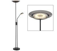 Plafonnier LED lampadaire salon lampe de chambre, métal verre noir plastique fumé, bras de lecture dimmable orientable Flexo, 18W 1140lm 3000K blanc chaud, H 178,5 cm