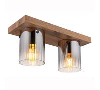 Plafonnier LED, lampe de salon, aspect bois, verre fumé, L 41 cm