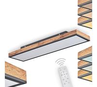 Plafonnier LED Salmi, lampe en métal noir, marron avec un aspect de bois avec un abat jour en plastique blanc, disposent d'une télécommande permettant de varier l'intensité et la couleur, 1xLED 24watt