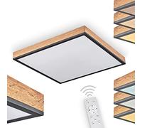 Plafonnier LED Salmi, lampe en métal noir, marron avec un aspect de bois avec un abat jour en plastique blanc, disposent d'une télécommande permettant de varier l'intensité et la couleur, 1xLED 24watt