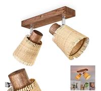 Plafonnier Lindberg, plafonnier moderne en bois/métal/raphia de couleur marron foncé/chrome/naturel, luminaire à 2 lampes de style scandinave avec spots réglables, 2 x E14, sans ampoules