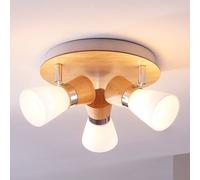 Plafonnier Lindby Vivica, Ø 26 cm, chrome/bois, à 3 lampes Vivica Lindby, dimmable, bois clair, Salon / Salle à manger, Bois, Scandinave, Plafonnier