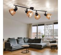 Plafonnier spot plafond salle à manger plafonniers maille bambou en bois avec spots orientables, métal noir, 4x douille E27, LxlxP 80x13x19 cm