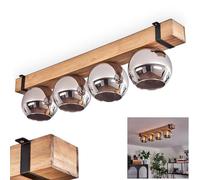 Plafonnier Montgomery, plafonnier en métal/bois/verre en noir/naturel/chrome, design scandinave avec poutres en bois (80 cm) et boules en verre (Ø 15 cm), 4 x douille E27, sans ampoules