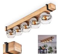 Plafonnier Montgomery, plafonnier en métal/bois/verre noir/naturel/chrome/clair, design scandinave avec poutres en bois et abat-jour en verre (Ø 15 cm), 5 x E27, sans ampoules