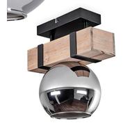 Plafonnier Montgomery, plafonnier en métal/bois/verre noir/naturel/chrome, luminaire au design moderne rétro/vintage/industriel avec abat-jour en verre (Ø 15 cm), 1 x E27, sans ampoules