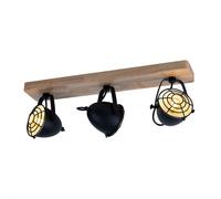 Plafonnier, noir, lampe de salon, spot de plafond maison de campagne, 3 flammes, lampe en bois, barre de spot pivotante, métal mat, 3x E14, LxlxH 59x11x20,5 cm