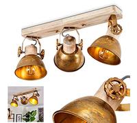 Plafonnier Orny en bois et métal aspect bronze ancien, 3 spots de plafond pivotants de style rétro-industriel, idéal dans un salon vintage, pour 3 ampoules E27, ampoule(s) non incluse(s)