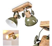 Plafonnier Orny en bois et métal vert, 2 spots de plafond orientables, luminaire rétro, style industriel, pour ampoules E27, ampoule(s) non incluse(s)