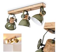 Plafonnier Orny en bois et métal vert, 3 spots de plafond orientables, luminaire rétro, style industriel, pour ampoules E27, ampoule(s) non incluse(s)