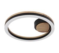 Plafonnier plafonnier LED lampe de salon lampe de couloir, métal noir aspect bois MDF plastique opale, 12W 600Lm 3000K blanc chaud, D 30 cm