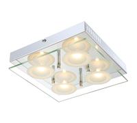 Plafonnier plafonnier salon lampe salle à manger lampe en verre, 4 ampoules plaque de verre chrome, LED 5W 1440Lm blanc chaud, LxPxH 25x25x6.5cm