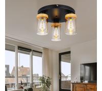 Plafonnier plafonnier salon lumière salle à manger lampe couloir lumière, métal verre bois fumée noir, 3 ampoules, E27, H 21 cm