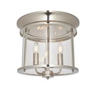 Plafonnier rond à 3 bougies lanterne nickel brillant, abat-jour en verre transparent