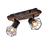 Plafonnier, salon, aspect bois, spot plafond, 2 flammes, spots tressés rétro, orientable, plastique métal, 2x douille E27, LxlxH 38,5x12x23 cm