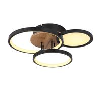 Plafonnier salon lampe LED MDF anneaux plafonnier noir Plafonnier aspect bois, métal plastique, 1x LED 30W 1500Lm 3000K, LxlxH 40x38x10,5 cm