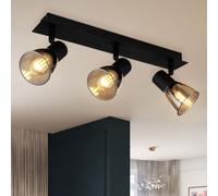 Plafonnier salon métal bois verre noir mat 3 lampes L 40 cm