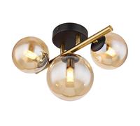 Plafonnier salon plafonnier design laiton noir boule lampe verre applique LED intérieur, boule verre ambré, 3 flammes G9, 3x 3,5W 3x350 lm, 3000K, LxPxH 28x21x19 cm